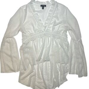 QED London White Sheer Romantic Victorian Long Tail Lace & Trim Blouse Size 8